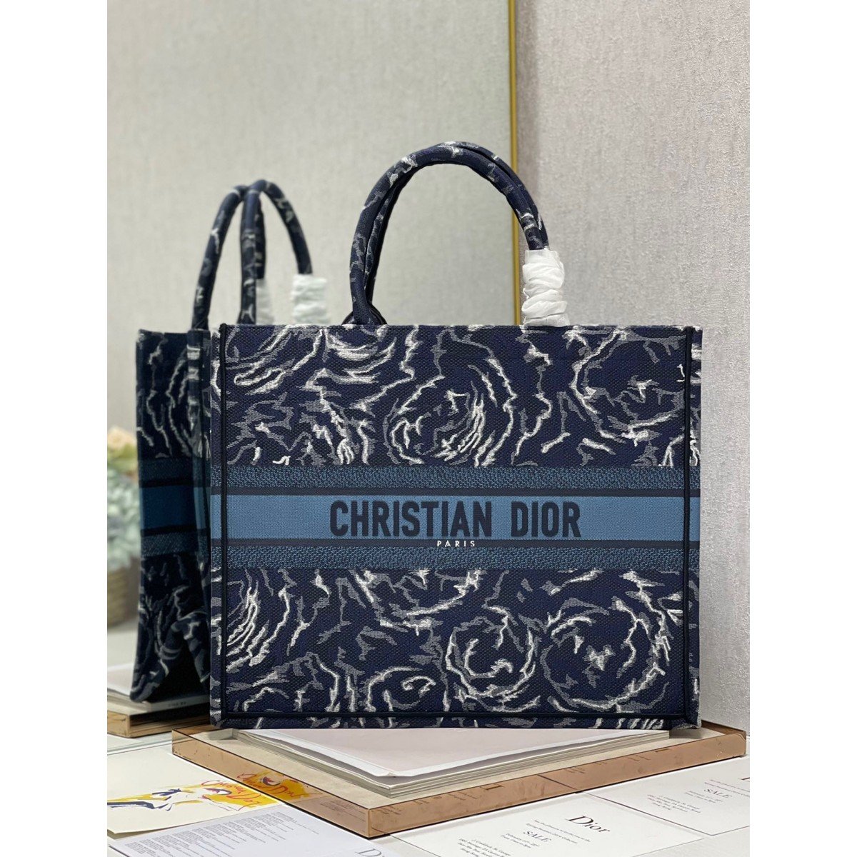 Dior Large Book Tote In Blue Dior Roses Embroidery High Quality Replica
